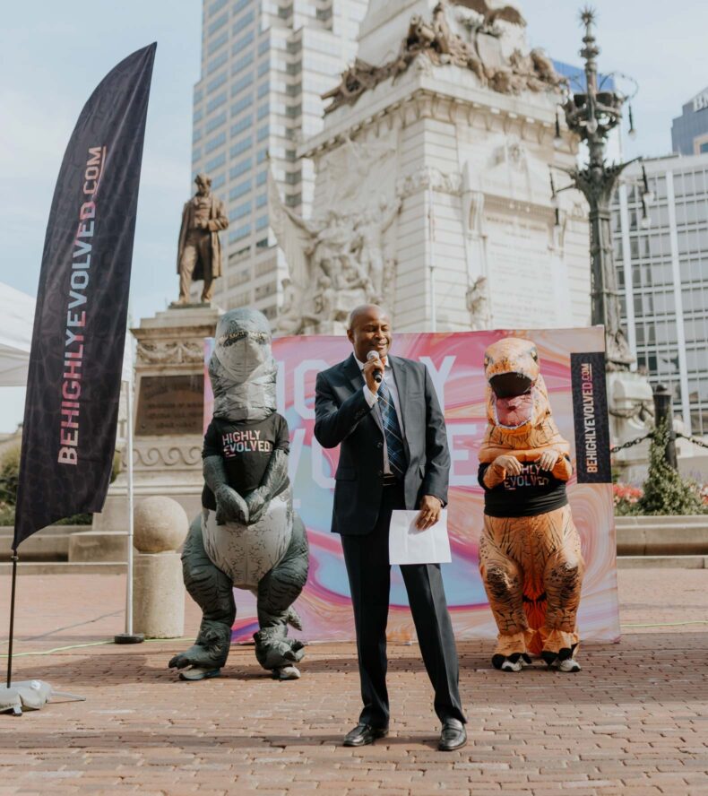 City Councillor Vop Osili addressing the crowd at the EV Showcase on Monument Circle