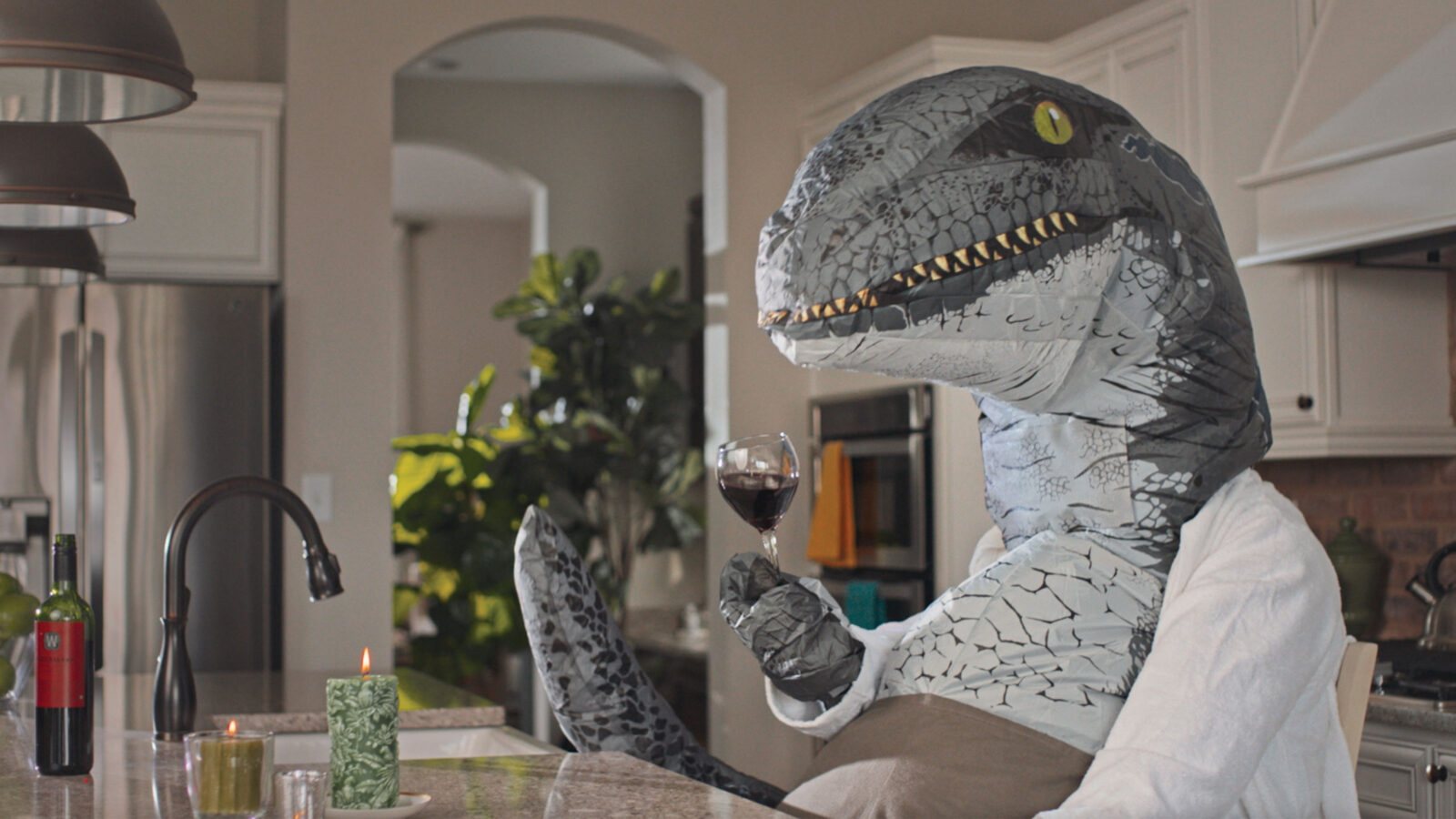 Dinosaur drinking wine