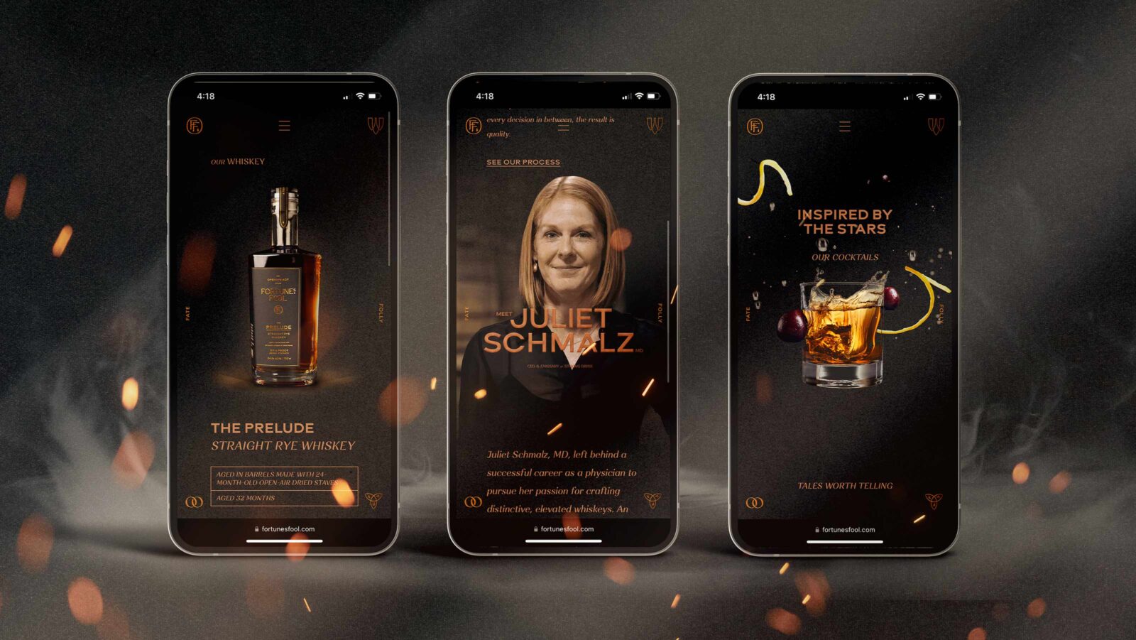 fortune's fool whiskey website displayed on mobile devices in a smoky, ambient atmosphere